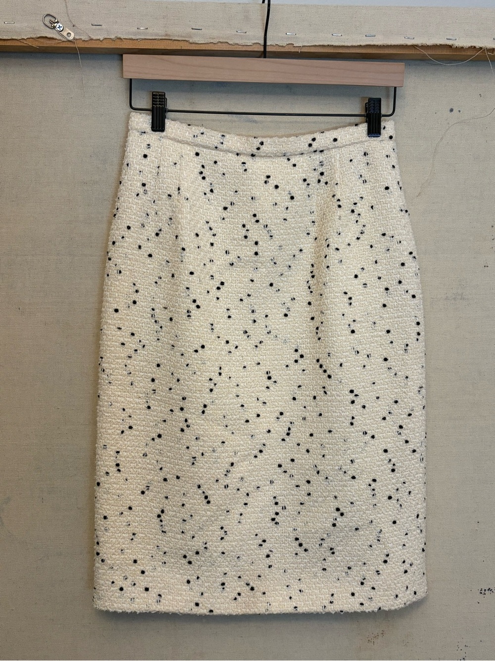 Vintage Emanuel Ungaro Cream Bouclé Pencil Skirt w/ Black Polka Dot Pattern
